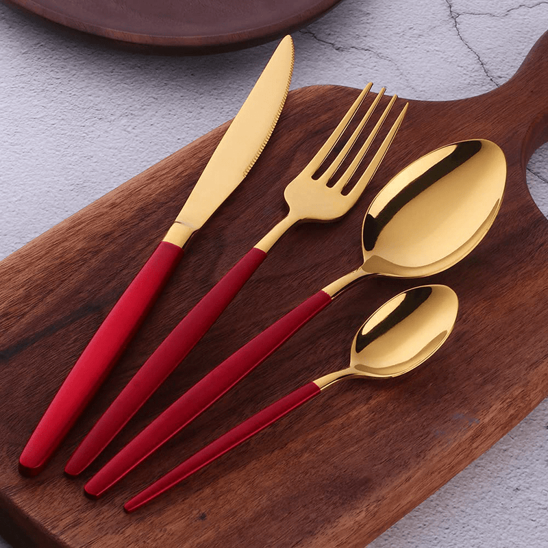 Buyer Star Flatware Set, 20-Piece Stainless Steel Silverware Cutlery Set Service for 5, Red Handle Gold Dishes Dinnerware Set with Gift Box, Mirror Finish