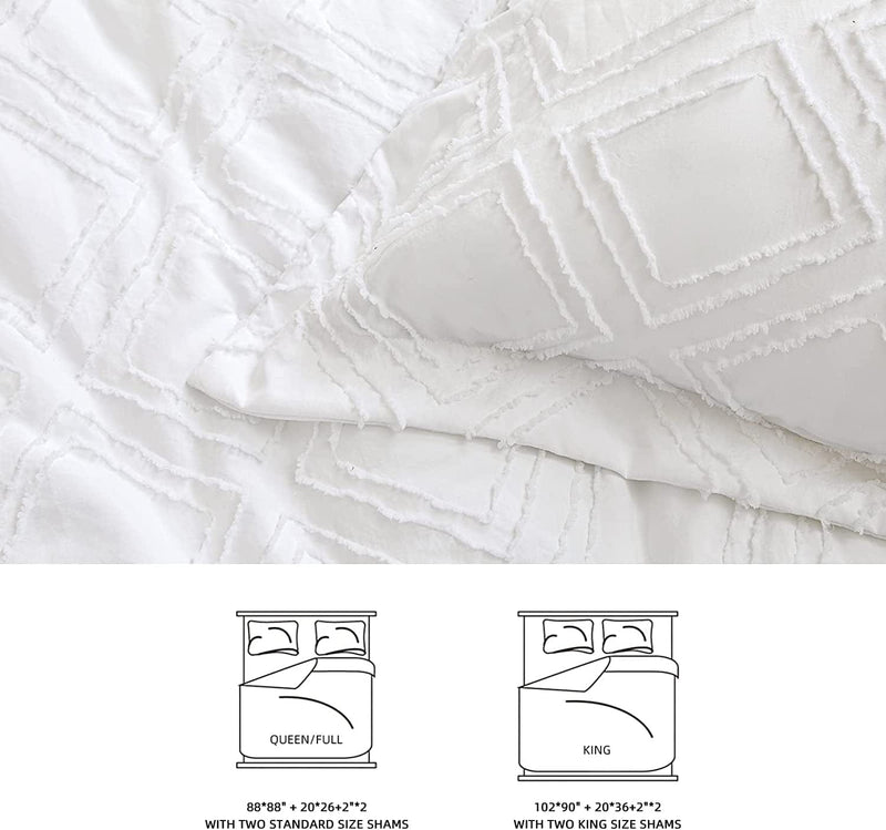Buyoung White Queen Comforter Set, Tufted Queen Size Comforter Sets with 2 Pillow Shams, down Alternative Queen Comforter for All Seasons, Boho Comforter Sets for Queen Bed (Queen/Full 3 Pcs, 88X88In)