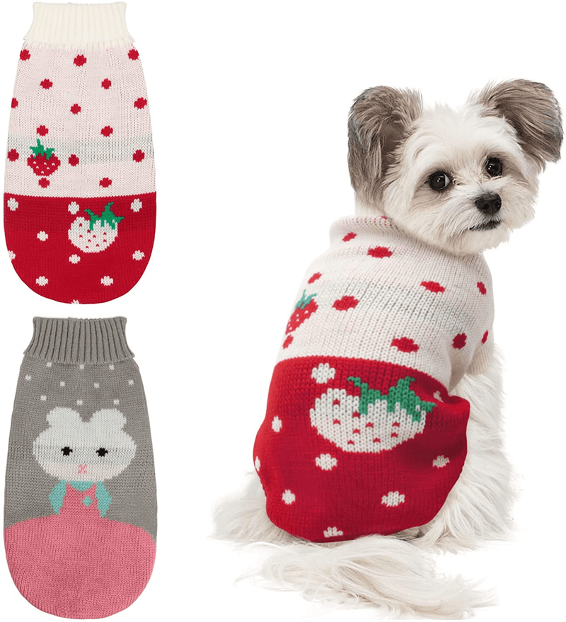 BWOGUE 2 Packs Small Dog Sweater Knitted Puppy Sweater Warm Winter Kitten Clothes Cat Sweater Clothes Cute Strawberry and Rabbit Doggie Sweaters for Small Medium Dogs Girls Boys Animals & Pet Supplies > Pet Supplies > Cat Supplies > Cat Apparel BWOGUE Large  