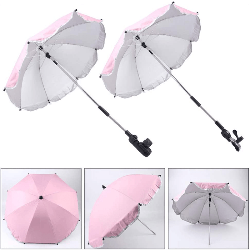 BWWNBY Stroller Umbrella, Clip-On Universal Detachable Stroller Umbrella Sun Shade Flexible Arm Manual Open 35.5cm Baby Strollers Parasol for Beach Chairs, Wagons(Pink)