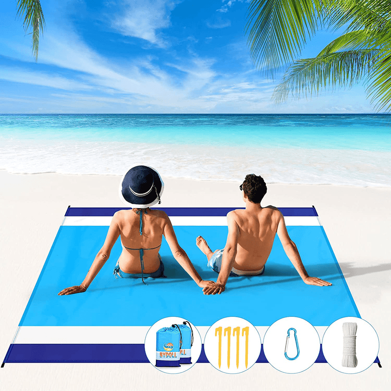 BYDOLL Beach Blanket 78''×81'',4-7 Adults Oversized Waterproof Sandproof Lightweight Beach Blanket Large Picnic Mat Beach Blanket for Travel Camping Hiking(78" X 81", Blue-Yellow&Blue) Home & Garden > Lawn & Garden > Outdoor Living > Outdoor Blankets > Picnic Blankets BYDOLL Blue-white&blue 78" X 81" 
