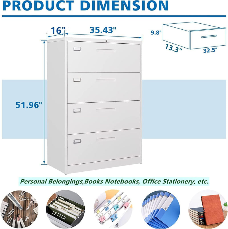 BYNSOE 4 Drawer File Cabinet with Lock Metal Lateral File Storage Cabinet Office Home Steel Lateral File Cabinet for A4 Legal/Letter Size Wide File Cabinet Locked,Assembly Required (4 Drawer, White) Home & Garden > Household Supplies > Storage & Organization BYNSOE   