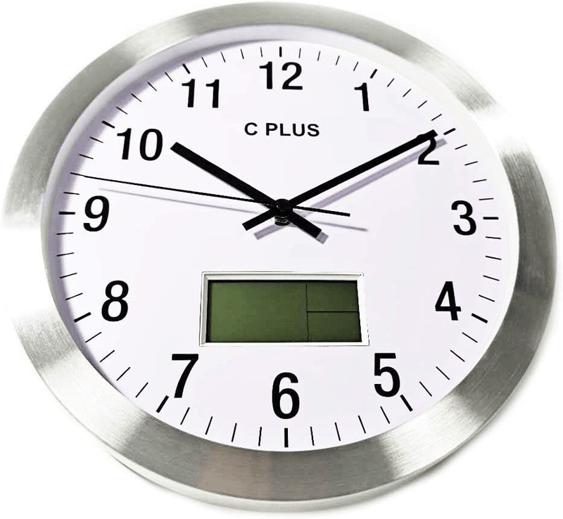 C Plus Wall Clock Non Ticking Silent Battery Operated 12 Inch Quiet Sweep Quartz Movement Modern Home Decor with Temperature Date Time Week Large Numbers Easy to Read Round Room Thermometer Silver Home & Garden > Decor > Clocks > Wall Clocks C Plus   