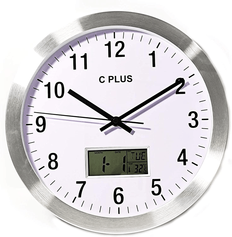C Plus Wall Clock Non Ticking Silent Battery Operated 12 Inch Quiet Sweep Quartz Movement Modern Home Decor with Temperature Date Time Week Large Numbers Easy to Read Round Room Thermometer Silver Home & Garden > Decor > Clocks > Wall Clocks C Plus   