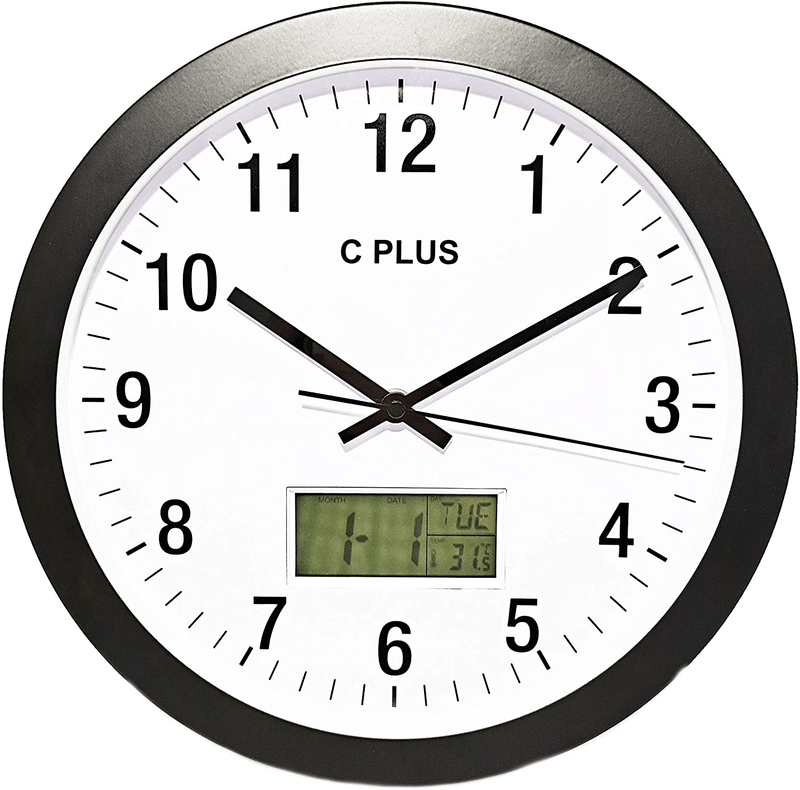 C Plus Wall Clock Non Ticking Silent Battery Operated 12 Inch Quiet Sweep Quartz Movement Modern Home Decor with Temperature Date Time Week Large Numbers Easy to Read Round Room Thermometer Silver Home & Garden > Decor > Clocks > Wall Clocks C Plus Black  