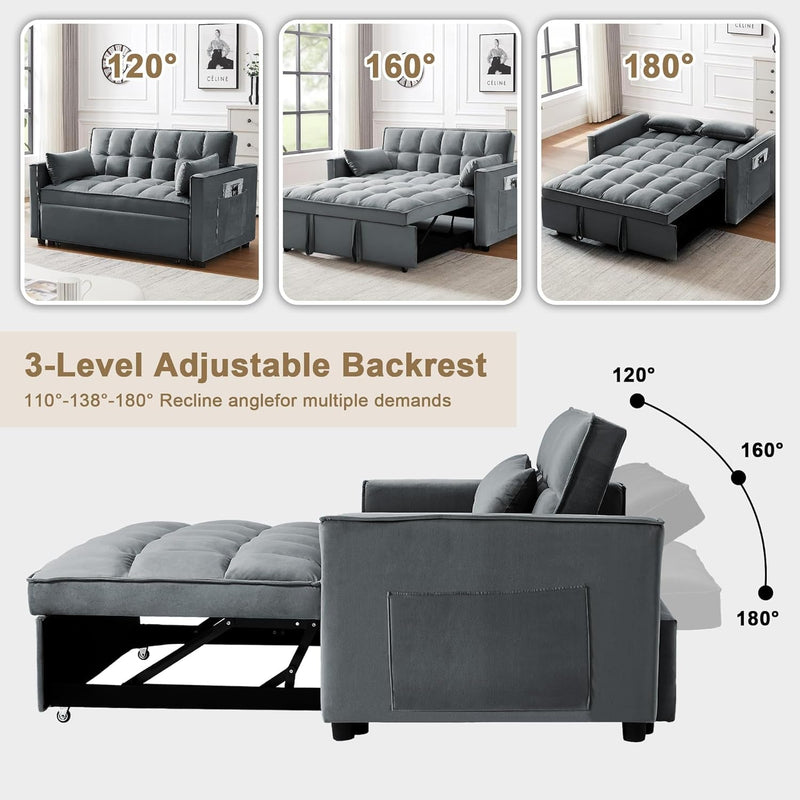 55'' 3-In-1 Velvet Convertible Loveseat Sofa Bed-2-Seater Sleeper Couch with Pull-Out Bed, Reclining Backrest, Pillows, Pockets-Perfect for Small Spaces, Living Room Furniture, Dark Grey