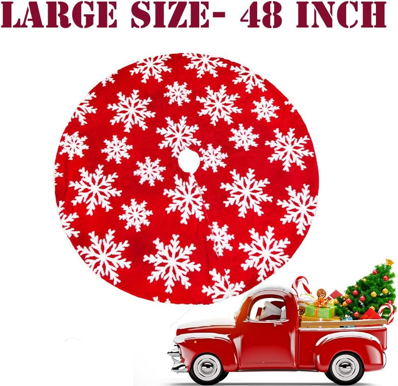 AISENO 48 Inch Faux Fur Christmas Tree Skirt White 3D Snowflake Decoration for Christmas Party Red Tree Skirt Xmas Decorations