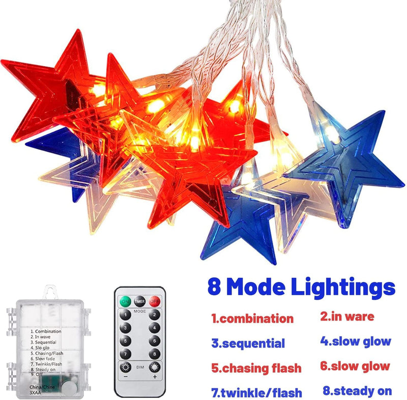 4Th of July Decorations Memorial Day Red White and Blue Lights Battery Operated String Lights 19FT 40 LED Patriotic Fairy Lights with Timer & Remote for Independence Day Fourth of July Decor for Home