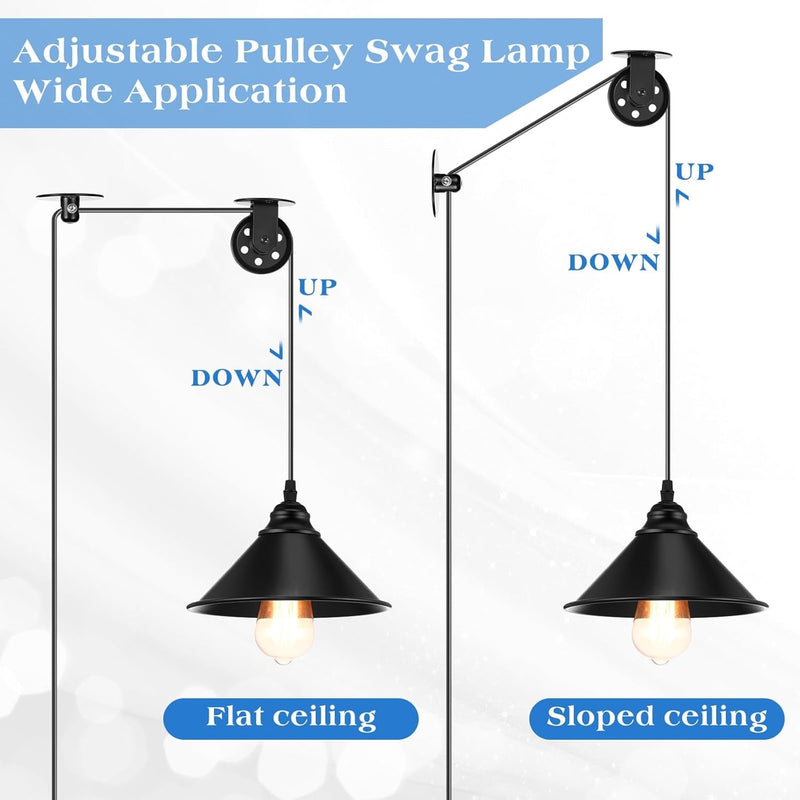 4 Pack Plug in Pendant Light Pulley Pendant Lighting Black Industrial Hanging Light with Plug in Cord 14.76 Ft On/Off Switch Adjustable Pulley Wall Light for Bedroom Restaurant Kitchen
