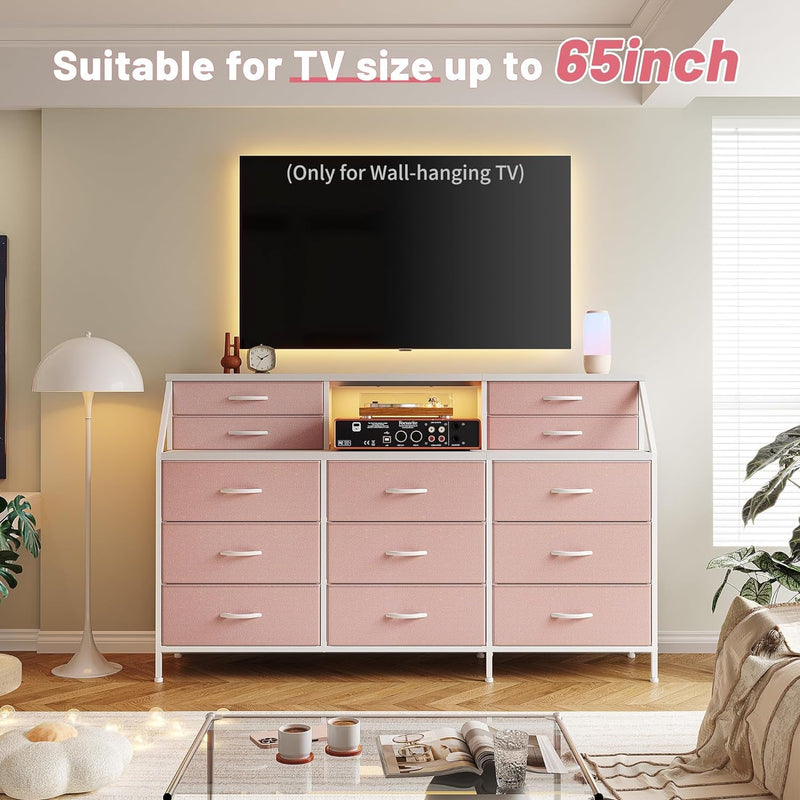 Enhomee 55”W Dresser for Bedroom, Pink Dresser for Girls Bedroom, Dresser with 13 Large Drawer, Dressers & Chests of Drawers, Bedroom Dresser with 2 Shelves, Long Dresser for Closet