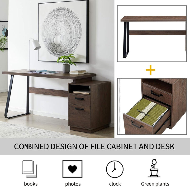 Home Office Computer Desk with Drawers/Hanging Letter-Size Files/65 Inch Writing Study Table with Drawers