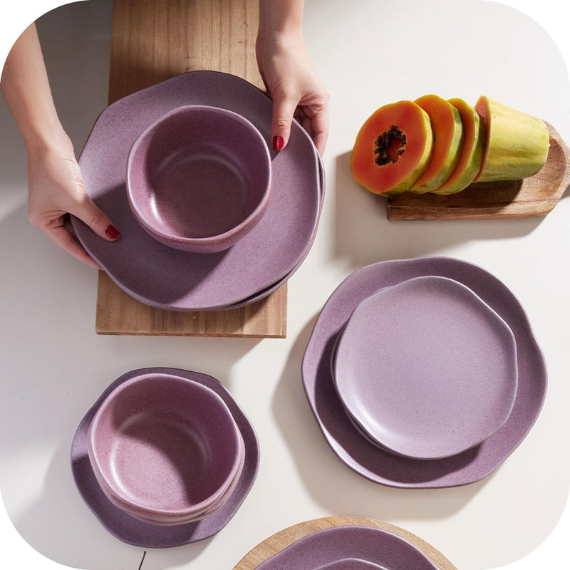 Corona Dinnerware Set 12–Piece, Plates and Bowls Set, Ceramic Sets for 4, Microwave and Dishwasher Safe, Gulupa Reactive Glaze, Bold & Matte Set.