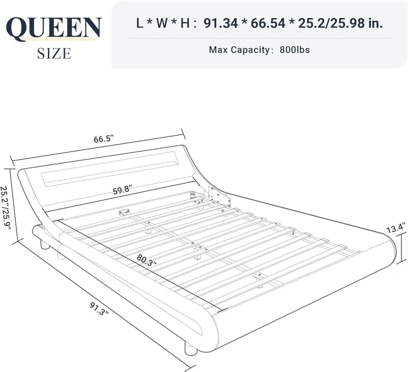Allewie Queen Size LED Platform Bed Frame with Adjustable Headboard/No Box Spring Need/Easy Assembly/Faux Leather in Black