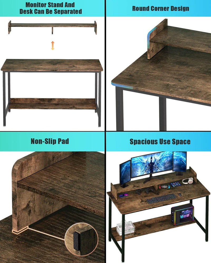 Computer Desk with Shelves, 43 Inch Gaming Writing Desk, Study PC Table Workstation with Storage for Home Office, Living Room, Bedroom, Metal Frame, Rustic.