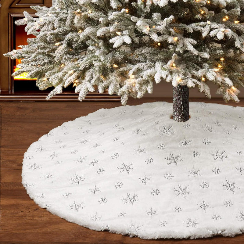 Black Christmas Tree Skirt,48 Inches Black Faux Fur with Silver Sequin Snowflakes Tree Rug Xmas Tree Mat for Holiday Winter New Year House Christmas Decorations