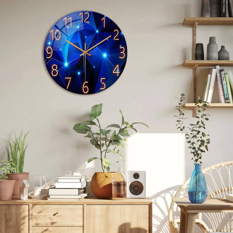 Blue Wall-Clocks for Living Room Decor - Kitchen Clocks Wall Battery Operated - 12 Inch round Glass Decorative Wall Clock Non Ticking