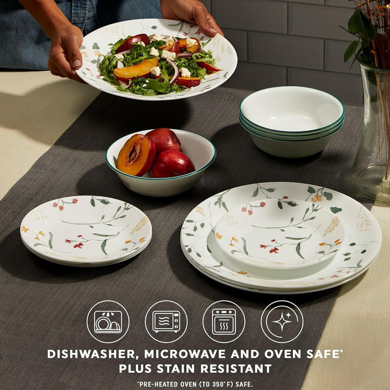 Corelle Vitrelle 18 Piece Glass Dinnerware Sets, Service for 6, Triple Layer Chip & Crack Resistant Glass Plate and Bowl Sets, Wildflower