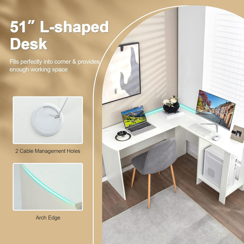 COSTWAY White L-Shaped Desk, 51” Modern Simple Style Writing Desk W/Storage Shelves, 2 Cable Management Holes, Space-Saving Design, Corner Computer Desk for Home, Office, White