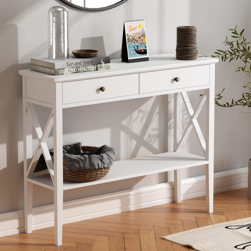 Choochoo Framhouse Console Table with Drawers, Narrow Wood Accent Sofa Table Entryway Table with Storage Shelf for Entryway, Front Hall, Hallway, Living Room, Antique White & Brown