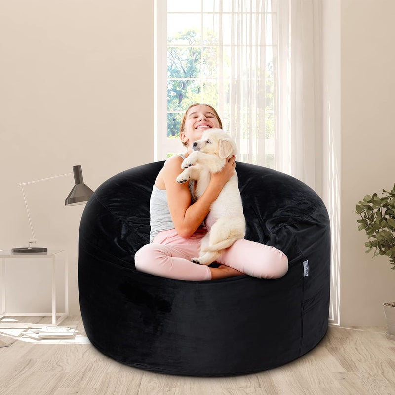 HABUTWAY Bean Bag Chair 3Ft Luxurious Velvet Ultra Soft Fur with High-Rebound Memory Foam Bean Bag Chairs for Adults Plush Lazy Sofa with Fluffy Removable Sponge 3'(Black New)