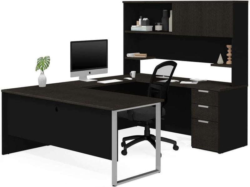 Bestar Pro-Concept plus U-Shaped Executive Desk with Pedestal and Hutch, Deep Grey & Black