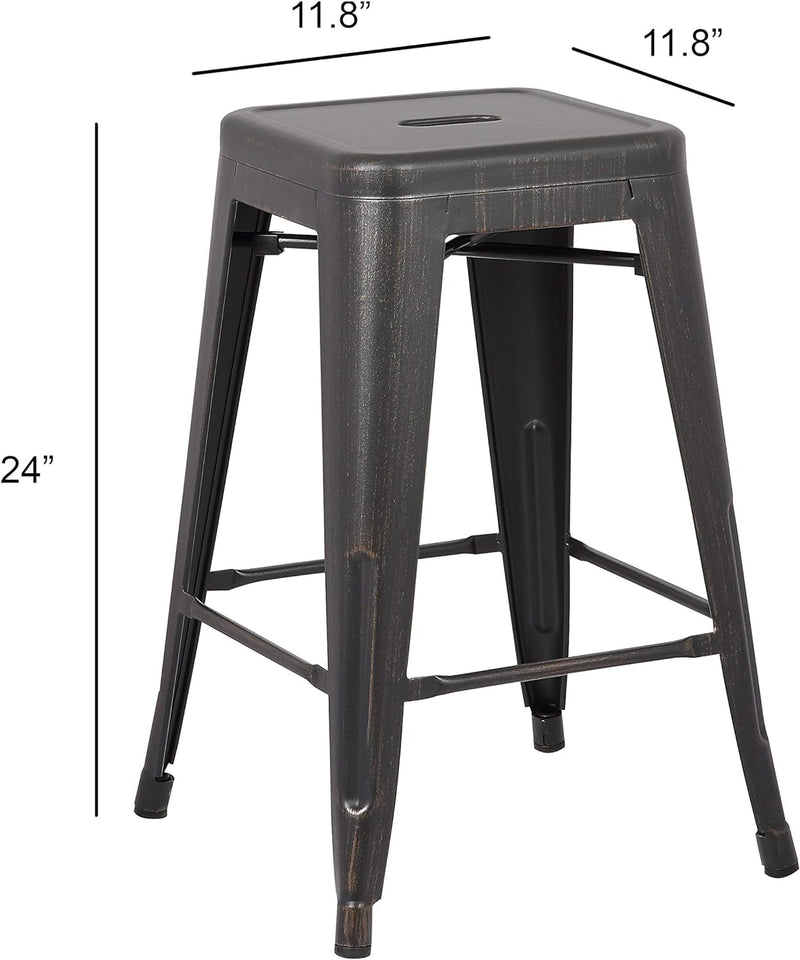 AC Pacific Backless Metal Barstools, Modern Industrial Light Weight Stackable Counter Height Bar Stools Set of 2, 24" Seat, Distressed Black Finish