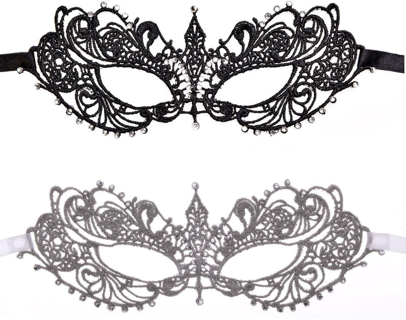 2 Pieces Women'S Masquerade Mask Lace Eye Mask with Fake Gemstone Decor for Ball Proms and Halloween Party