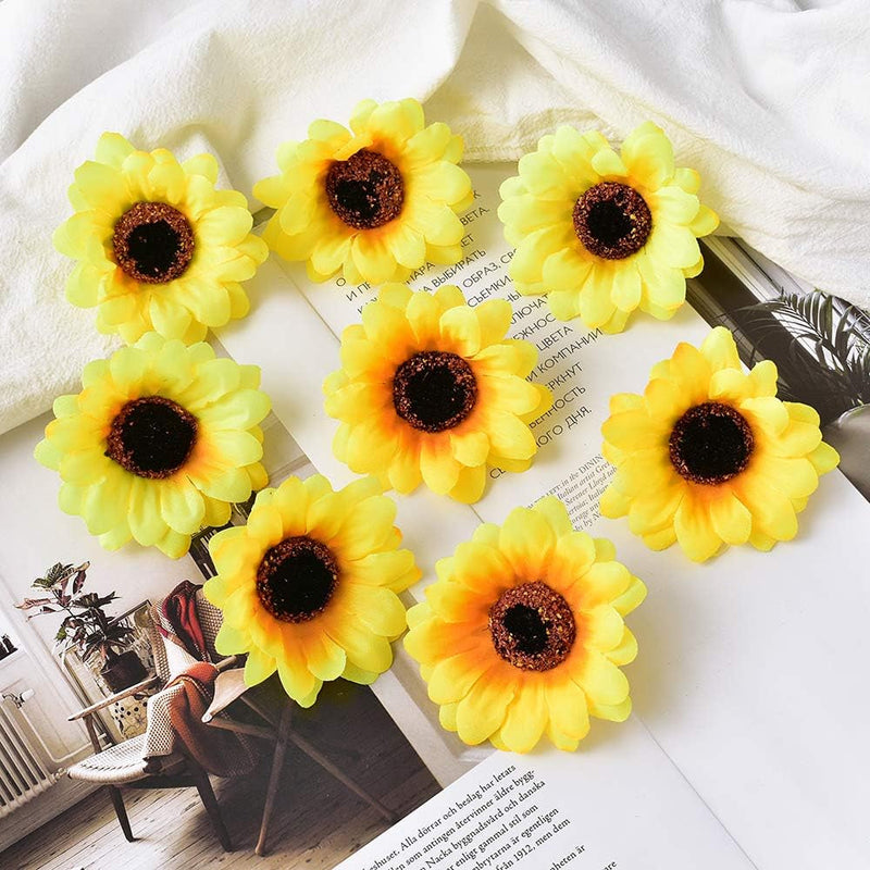 50PCS Artificial Silk Yellow Sunflower Heads, 2.8" Fabric Floral Supplies for Wedding Engagement Home Party Decor Hair Clip Wreath Decorative DIY Craft