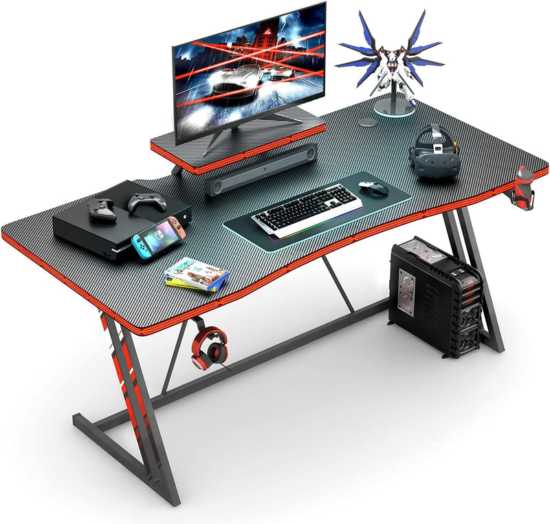 Furmax 55 Inch Gaming Desk PC Computer Table Racing Style Home Office Desk Z Shaped Carbon Fiber Desktop Gamer Workstation with Monitor Stand Cup Holder and Headphone Hook (55 Inch)