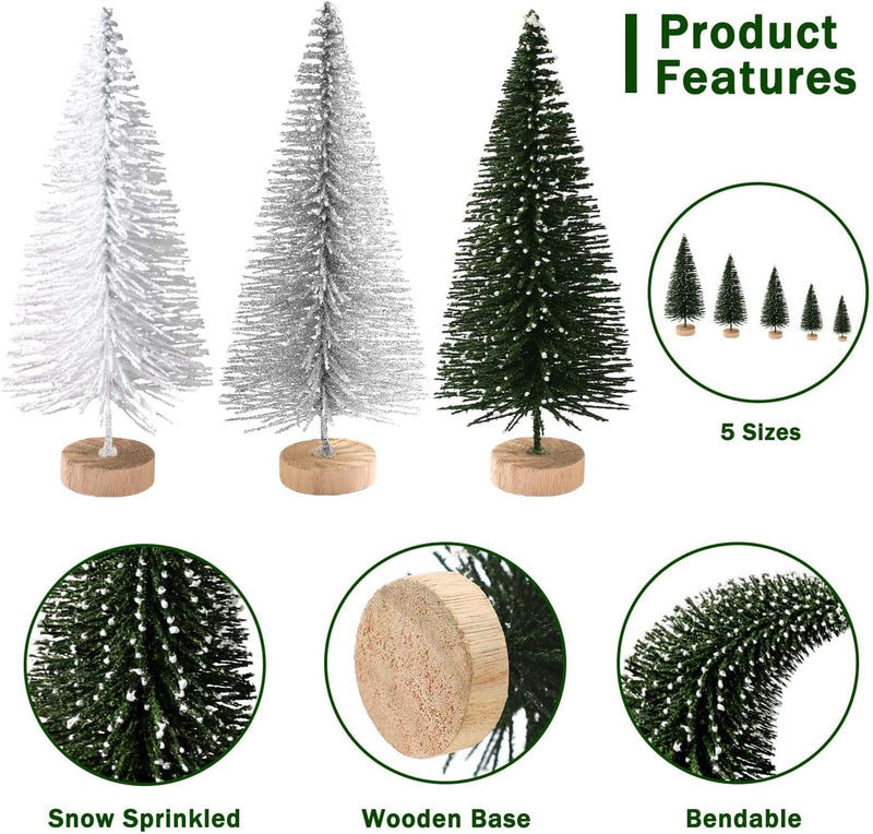 30Pcs Mini Christmas Trees Artificial Christmas Tree Bottle Brush Trees with Wooden Base for Christmas Decor Christmas Party Home Table Craft Decorations(Green+Silver+White)