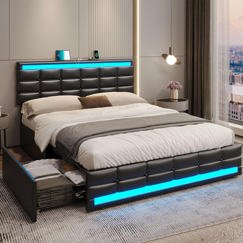 ADORNEVE Queen LED Bed Frame with 4 Drawers and 2 USB Charging Station, Upholstered Platform Queen Size Bed Frame with LED Lights Headboard Footboard, No Box Spring Needed, Dark Grey