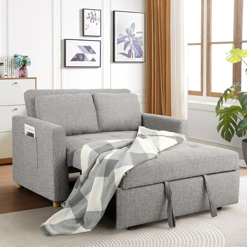 Umwandelbares Schlafsofa, 3-in-1-Schlafsofa, Ausziehcouch, 2-Sitzer-Futonsofa aus Leinenstoff mit Federunterstützung, verstellbare Rückenlehne für kleine Räume, Wohnzimmer, Olivgrün