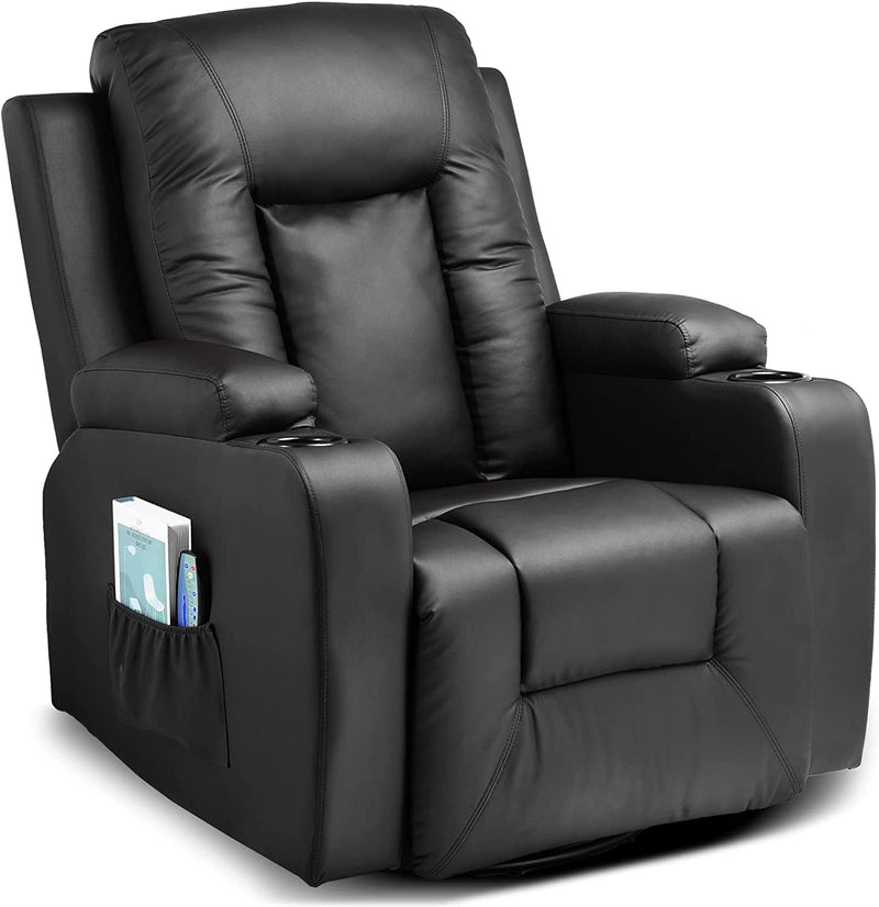 COMHOMA Leather Recliner Chair Rocker with Heated Massage Ergonomic Lounge 360 Degree Swivel Single Sofa Seat Drink Holders Living Room Chair Black