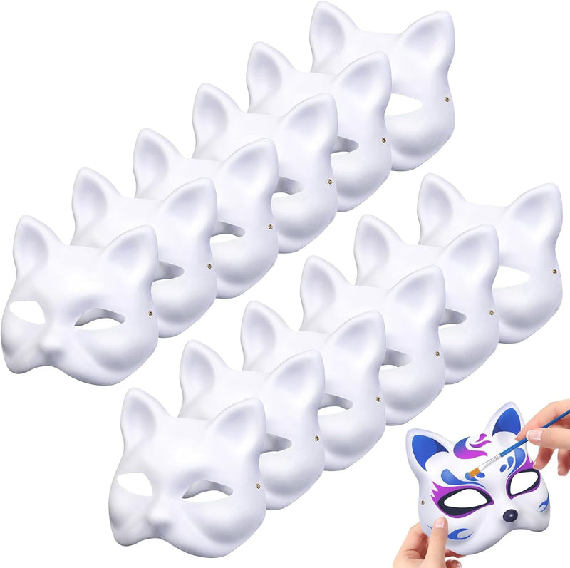 12 PCS Cat Masks White Paper Therian Cat Mask Blank Pulp Animal Masks Hand Painted for Kids Adults Women'S Costume Party Halloween Decoration Masquerade Cosplay DIY Craft