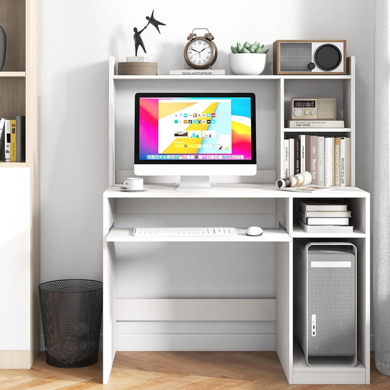 COSTWAY White Computer Desk with Storage Shelf, Wooden Writing Desk with Hutch, Office Desk with CPU Stand & Keyboard Tray, Home PC Desk with Bookshelf, for Bedroom, Study, Living Room