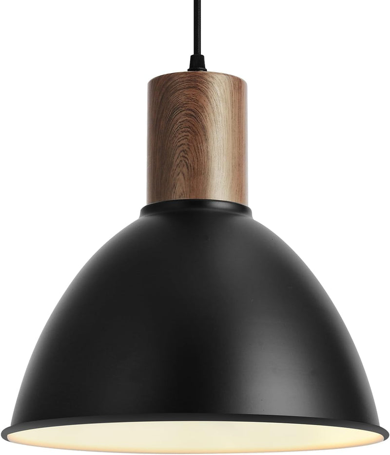 11.6" Modern Black Hanging Light,Large Pendant Light for Kitchen Island,Solid Wood with Hammered Shade,Adjustable Retro Dome Industrial Ceiling Lighting Fixture for Dining Room Hallway Entrance