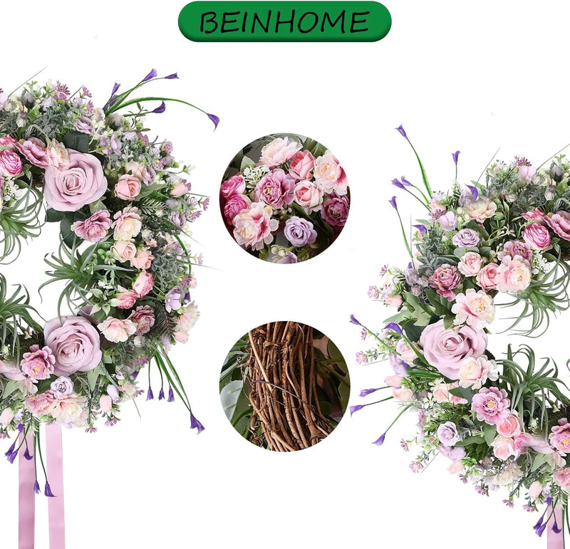 Beinhome Spring Wreath, 20In Rose Wreath Succulent Wreaths for Front Door Spring Wreath Summer Wreath Abundant Flowers Wreaths for Home Decor