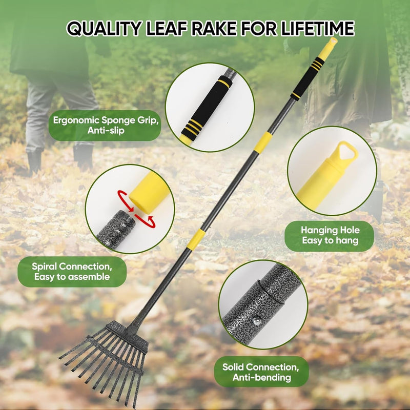 Garden Leaf Rakes, 6FT Rakes for Lawns Heavy Duty 11 Metal Tines 9 Inch Wide, Adjustable Long Steel Handle, Small Shrub Rake, Gathering Leaves (Black)