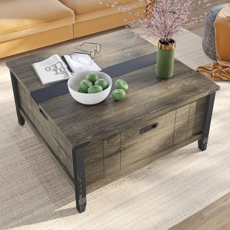 Bestier Square Coffee Table with Storage,Farmhouse Lift Top Coffee Wood Center Table Decor for Living Room Extra Large Hidden Storage，Home Office Furniture Dark Gray