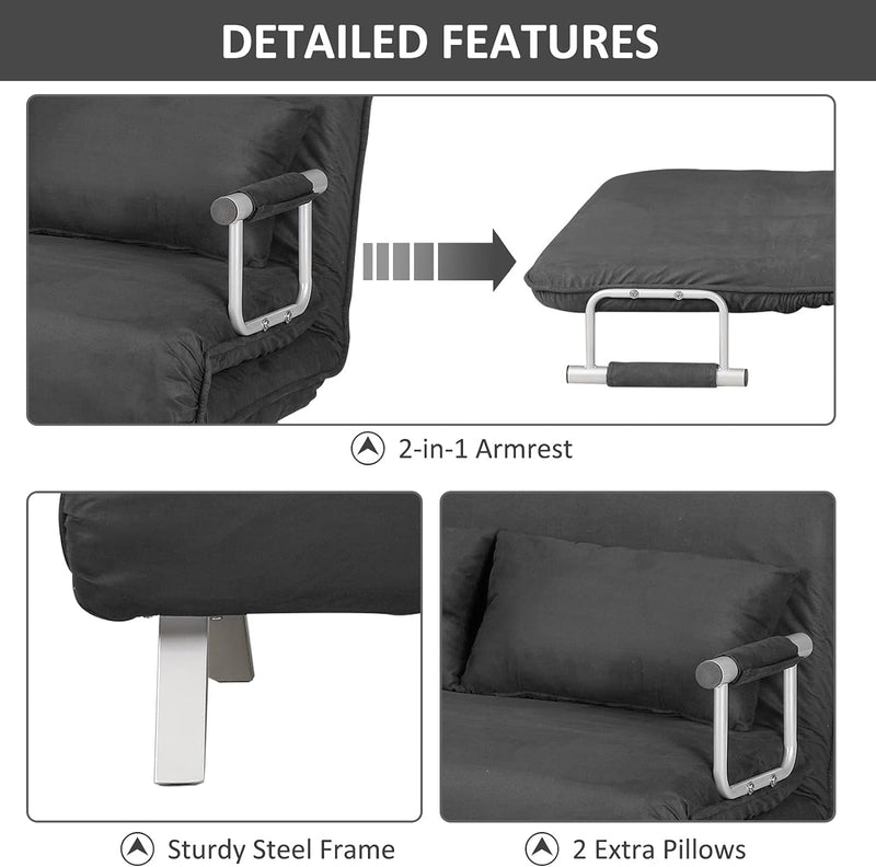 HOMCOM Convertible Sofa Bed Sleeper Chair, 5 Position Adjustable Backrest, Armchair Sleeper with Pillows, Leisure Chaise Lounge Couch, Gray