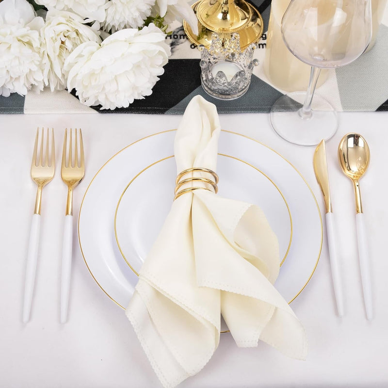 Dayammi 30 Guests Gold Plastic Plates with Disposable Silverware,Gold Cutlery with White Handle,White&Gold Disposable Dinnerware:60 Plastic Plates Gold Rim,90 Plastic Silverware Set for Party Wedding