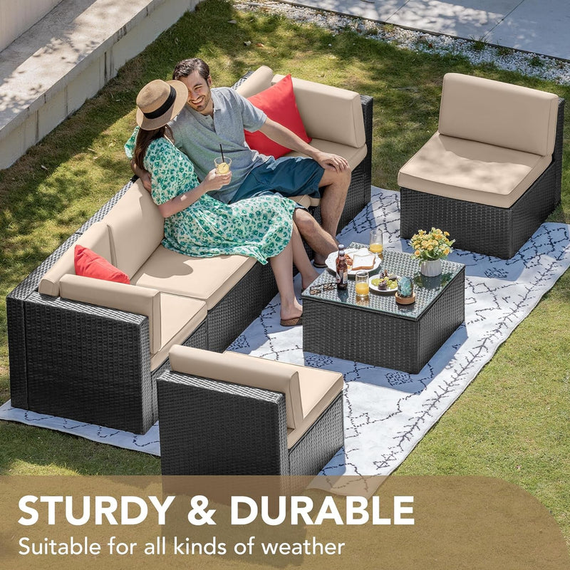 Devoko 7 Pieces Outdoor Sectional Sofa Patio Furniture Sets Manual Weaving Wicker Rattan Patio Conversation Sets with Cushion and Glass Table (Beige)