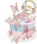 Butterfly Cake Toppers Decorations - 1 Big Happy Birthday Cake Topper & 15Pcs 3D Pink Gold Cupcake Toppers - Party Supplies for Decorating Baby Shower Girl'S Birthday