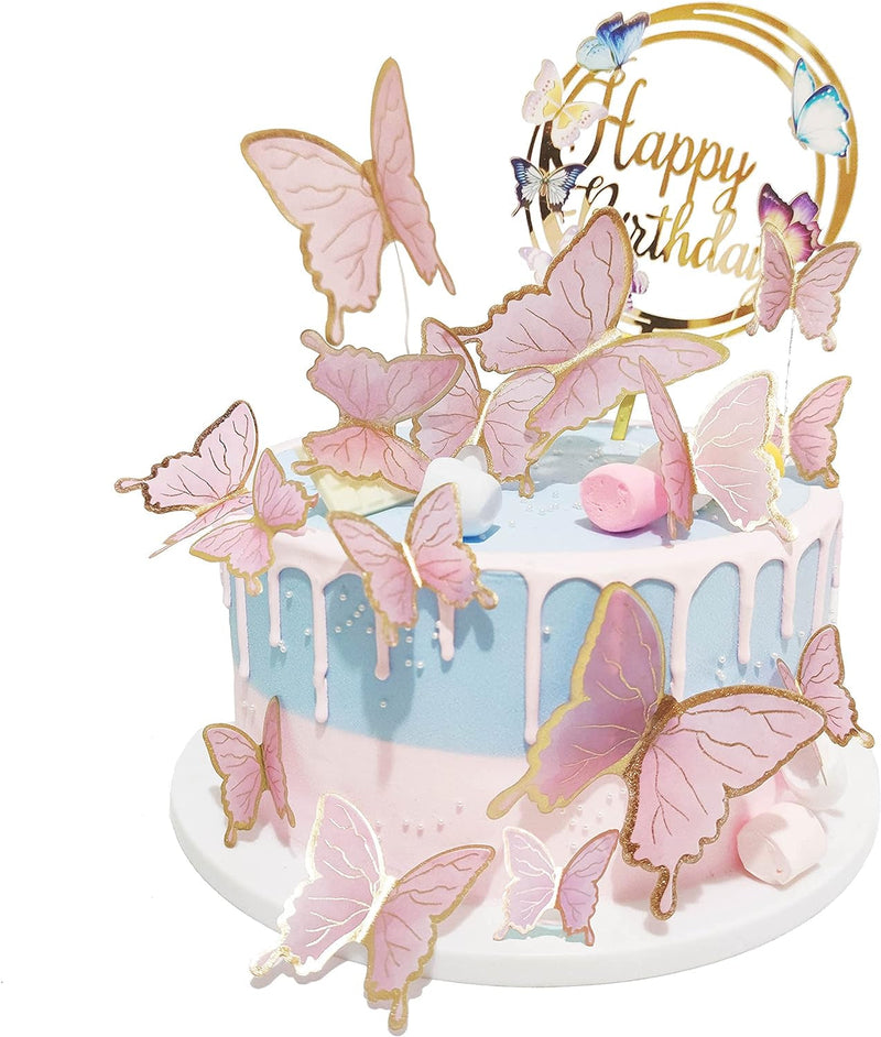 Butterfly Cake Toppers Decorations - 1 Big Happy Birthday Cake Topper & 15Pcs 3D Pink Gold Cupcake Toppers - Party Supplies for Decorating Baby Shower Girl'S Birthday