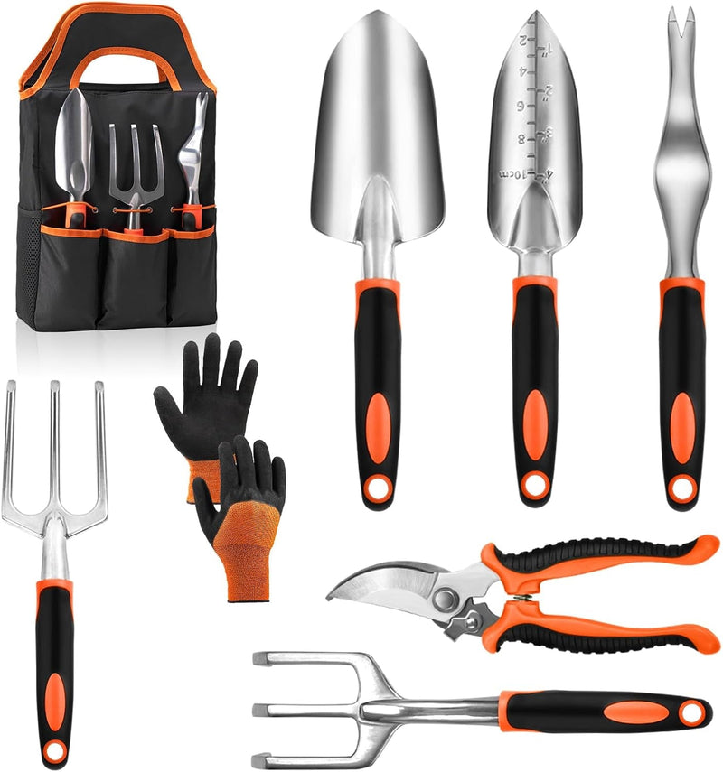 Ensemble d'outils de jardin avec poignée en caoutchouc antidérapante, 8 pièces en acier inoxydable, outils à main d'extérieur robustes, sac de rangement durable, outil de désherbage pour déracinement, cadeaux pour femmes et hommes (rouge)