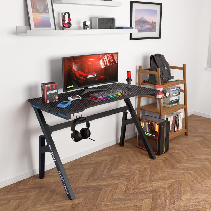 Bestoffice Gaming Desk Computer Desk 47"X 23" Home Office Desk Extra Large Modern Ergonomic Black PC Carbon Fiber Table Gamer Workstation with Cup Holder Headphone Hook,Blue