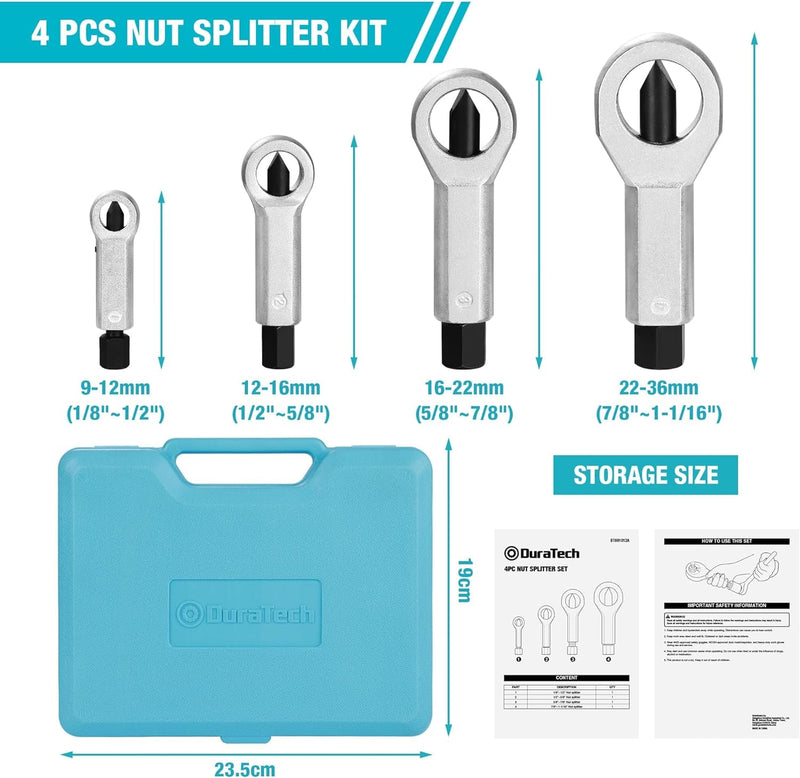 DURATECH 4 Pcs Metal Nut Splitter Kit, Heavy Duty Splitter Breaker Manual Pressure Nut Cracker Remover Extractor Tool, Comes with Portable Box (Size: 9-12Mm, 12-16Mm, 16-22Mm, 22-36Mm)