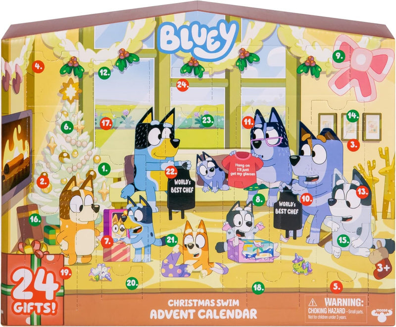 Bluey'S Christmas Swim Advent Calendar, This Very Festive Bluey Surprise Pack Has 24 Surprises behind 24 Different Windows, Includes 3 Christmas Swim Figures, 18 Accessories and 3 Stickers to Reveal