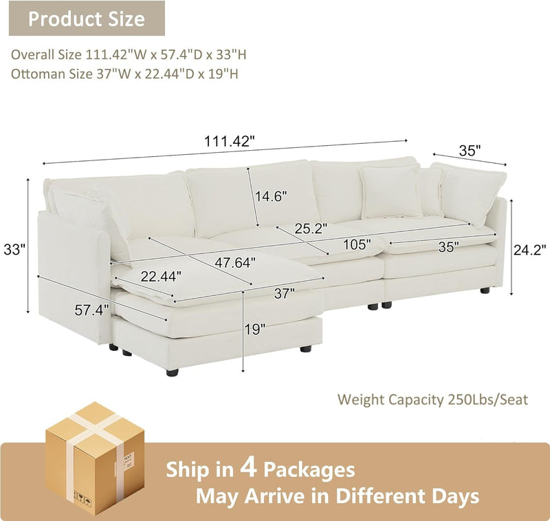 111.42" Modular Sectional Sofa, Convertible Modern L Shaped Sofa Chenille Cloud Couches Set with Ottoman for Living Room Bedroom Apartment Office, 3 Seater