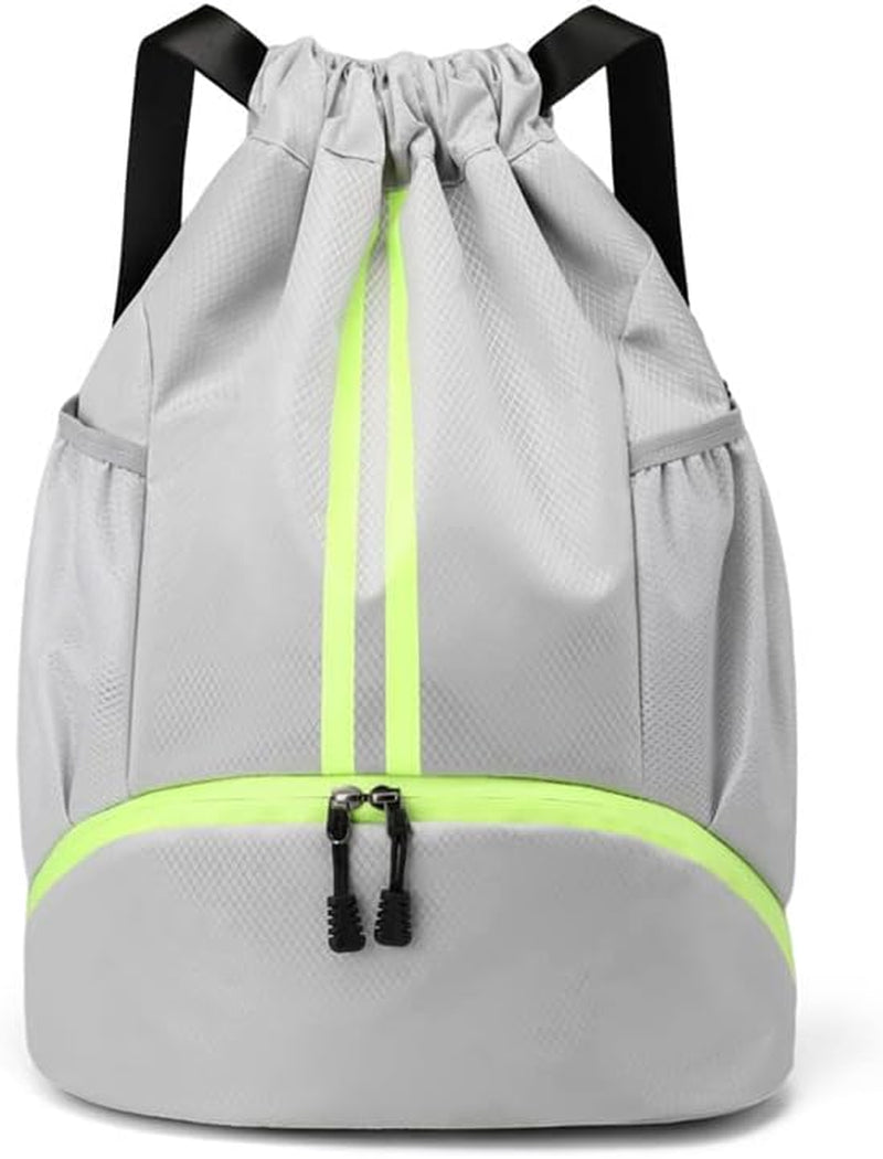 Black Drawstring Gym Bag for Men, Waterproof Drawstring Backpack for Women, Swim Bag with Shoes Compartment, Pull String Sport Bag for Soccer and Basketball.